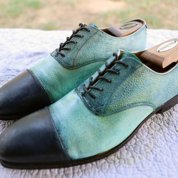 Crockett & Jones Barneys 9.5-D Pebbled Blue Multicolor Captoe Oxford - Picture 12 of 16